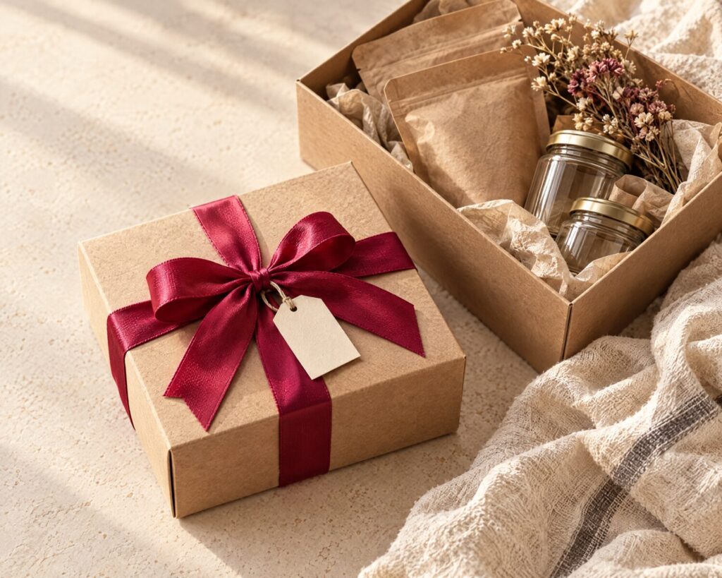 Box regalo in kraft con nastro lampone