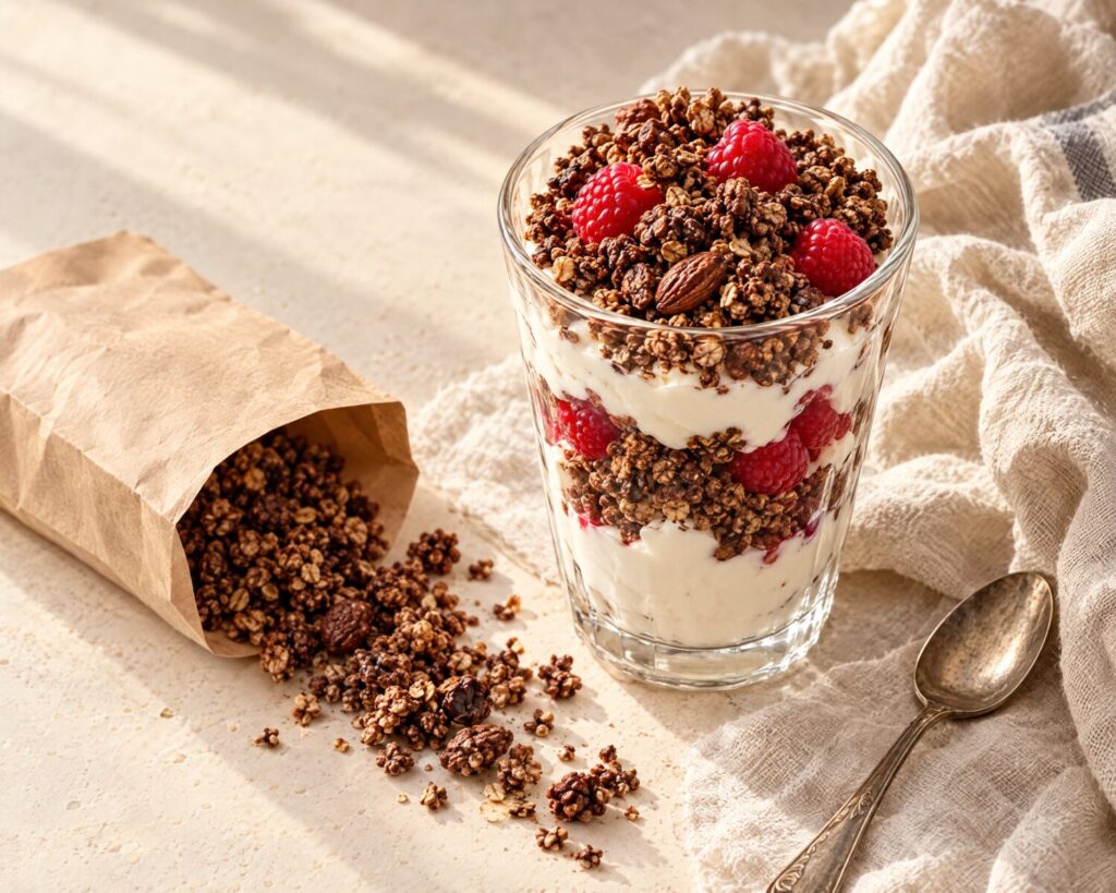 Parfait di yogurt con granola al cioccolato e lamponi