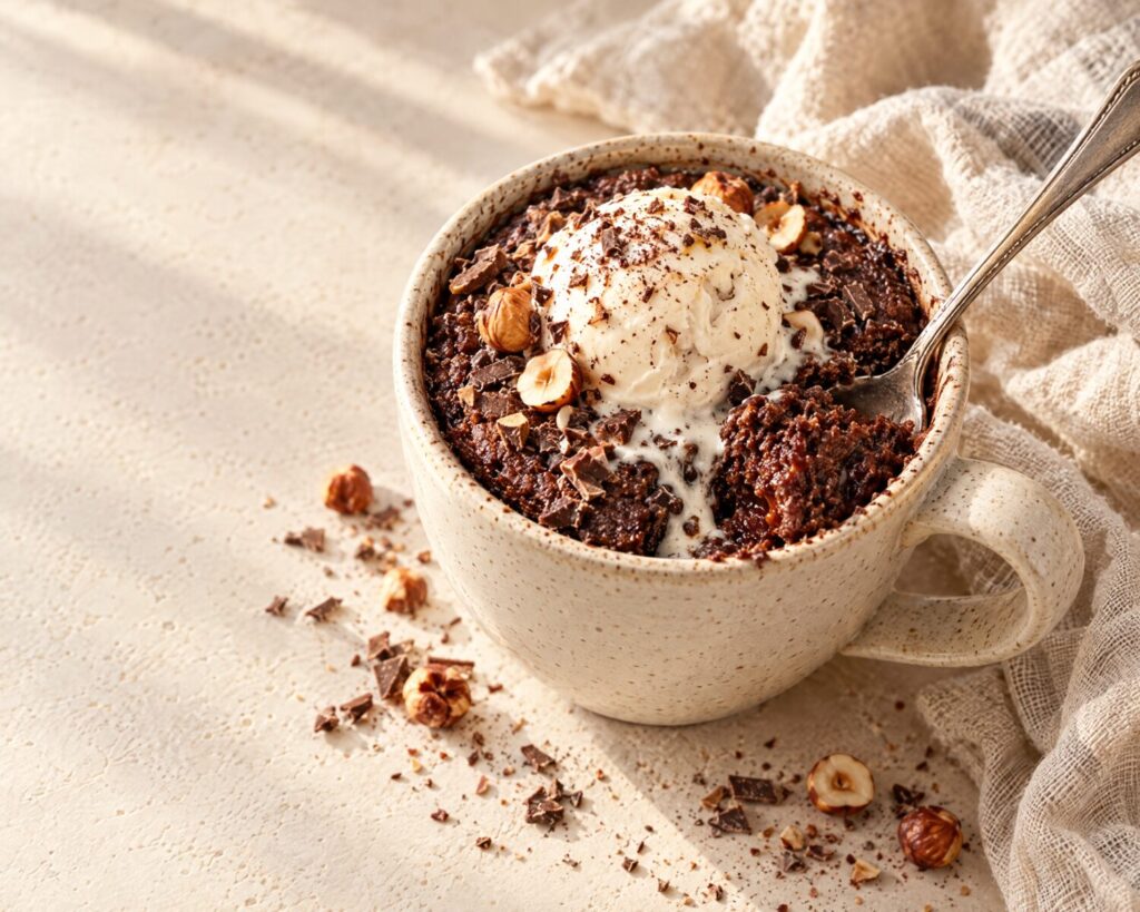 Mug cake al cioccolato e nocciole con gelato alla vaniglia