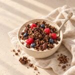 Ciotola di yogurt con granola al cioccolato, lamponi e mirtilli
