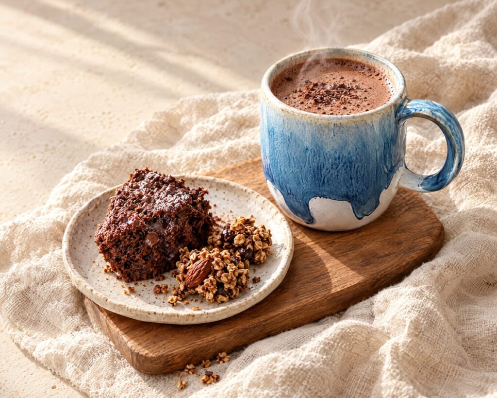 Tazza in ceramica blu con cioccolata calda e mug cake